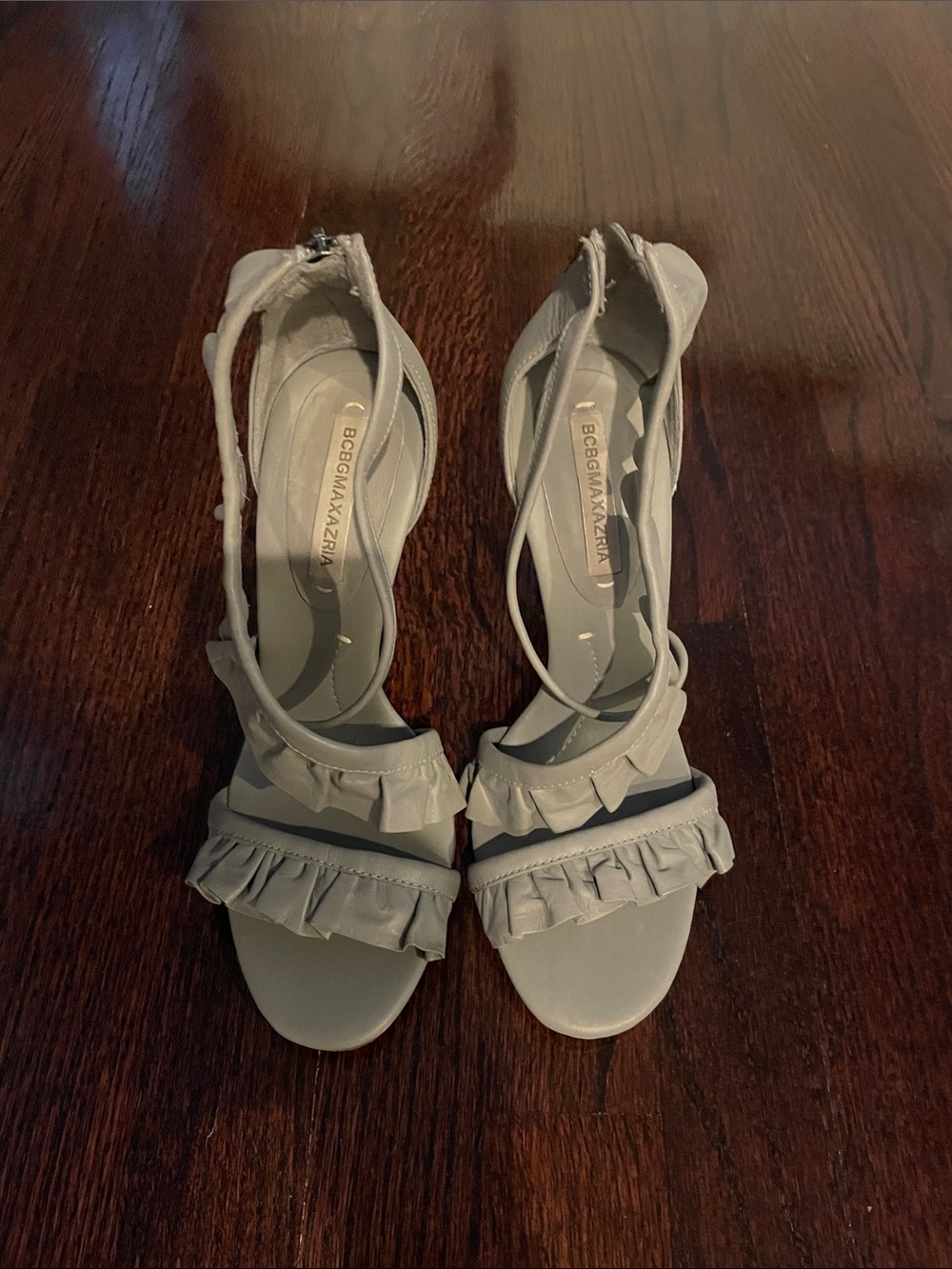 BCBGMaxAzria Light Gray Leather Ruffle Strap Heels
